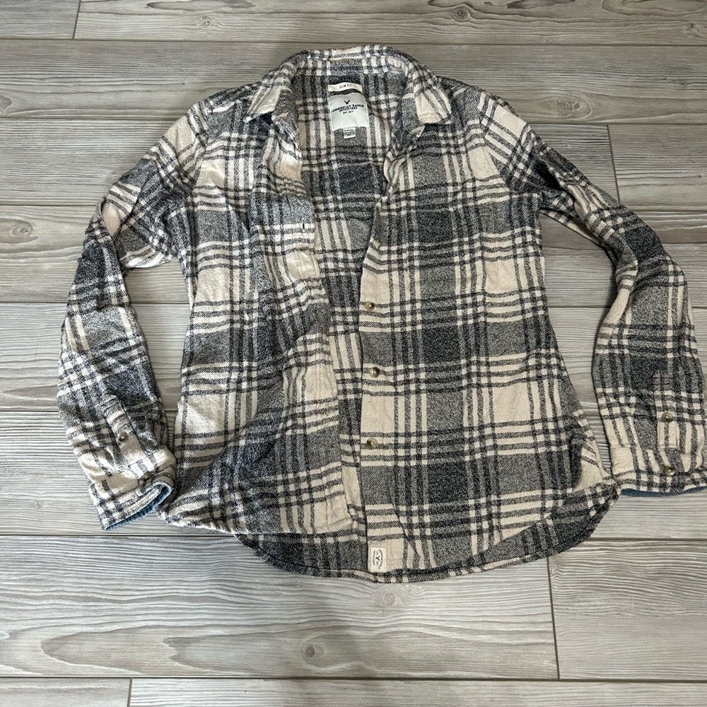 American eagle slim fit plaid flannel light gray small